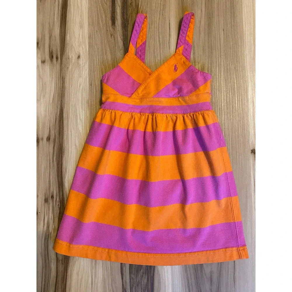 Ralph Lauren Girls Pink Orange Striped Cotton Jersey Sun Dress 3T Sleeveless